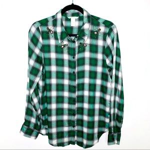 H&M Green Plaid Button Up Shirt Spider Beading